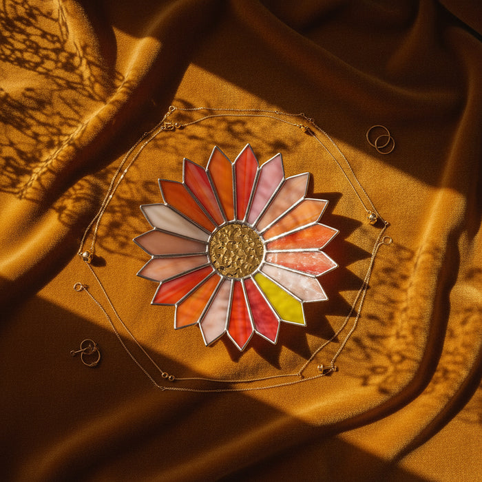 Sunburst shaped stained glass jewelry tray on a brown velvet surface