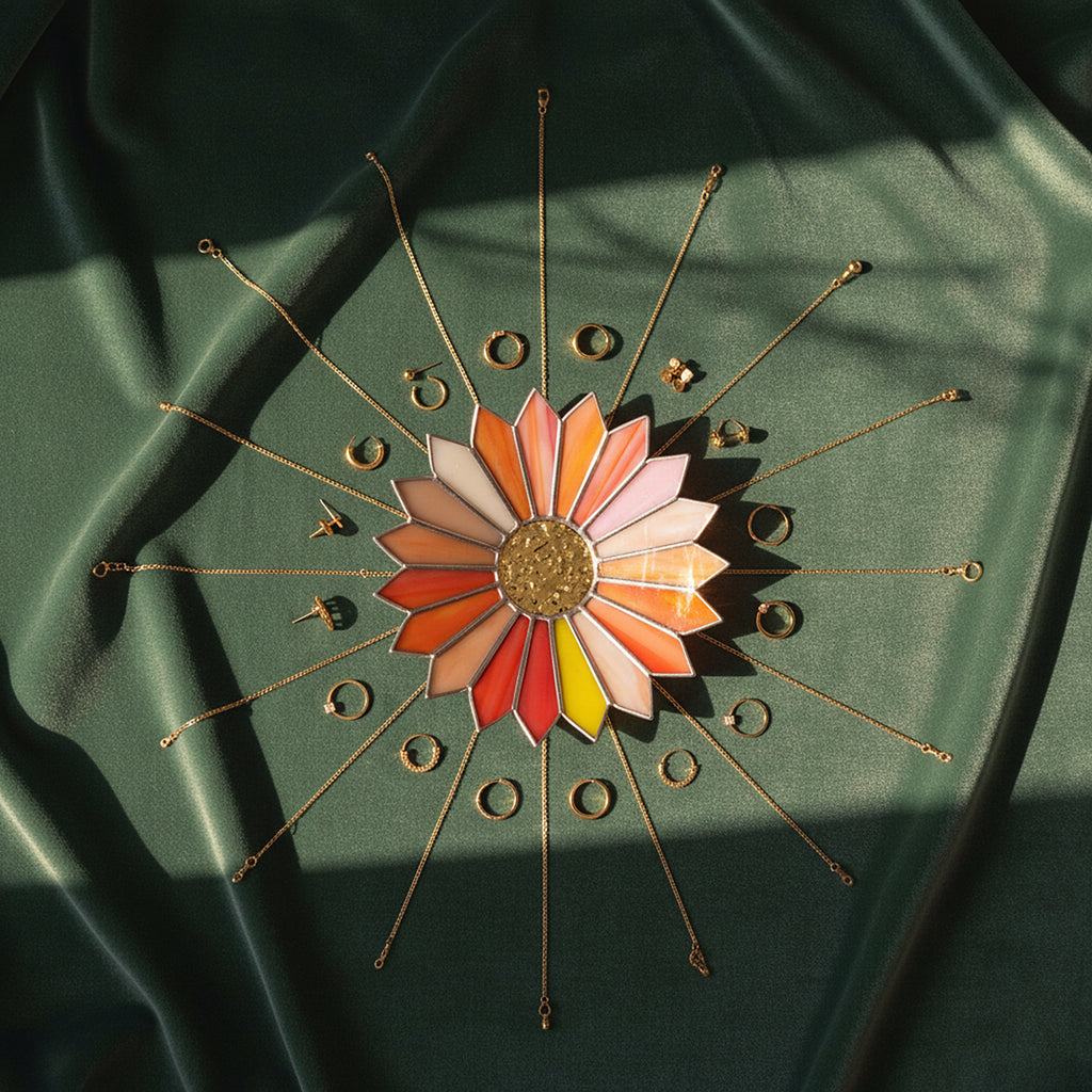 Colorful sunburst stained glasss jewelry tray on a green fabric background