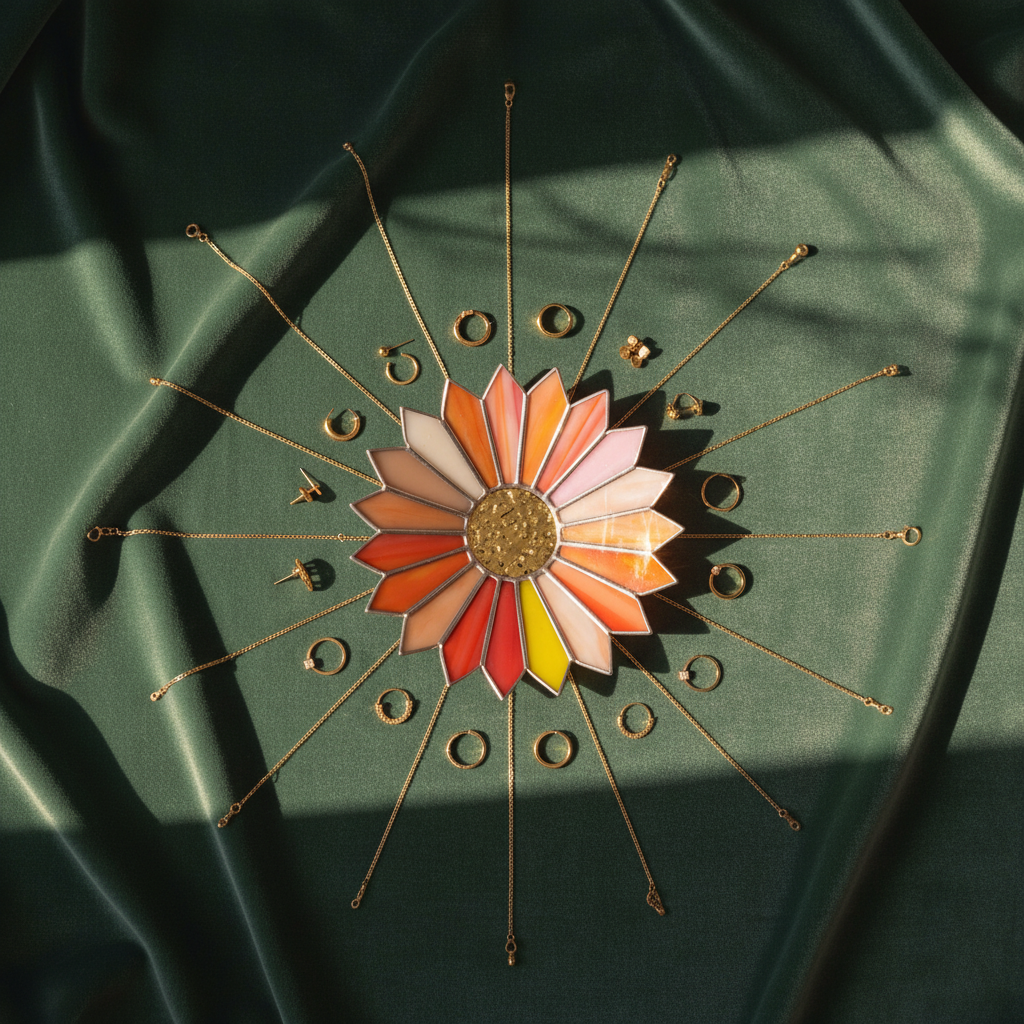stained glass sunburst jewelry dish on green fabric with gold necklaces arranged around, artistic jewelry display