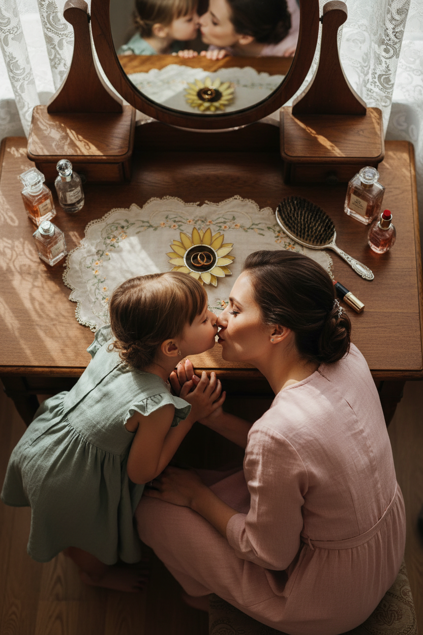 Woman and child sitting at a vanity table with various items including a mirror, sunflower ring dish, and bottles.