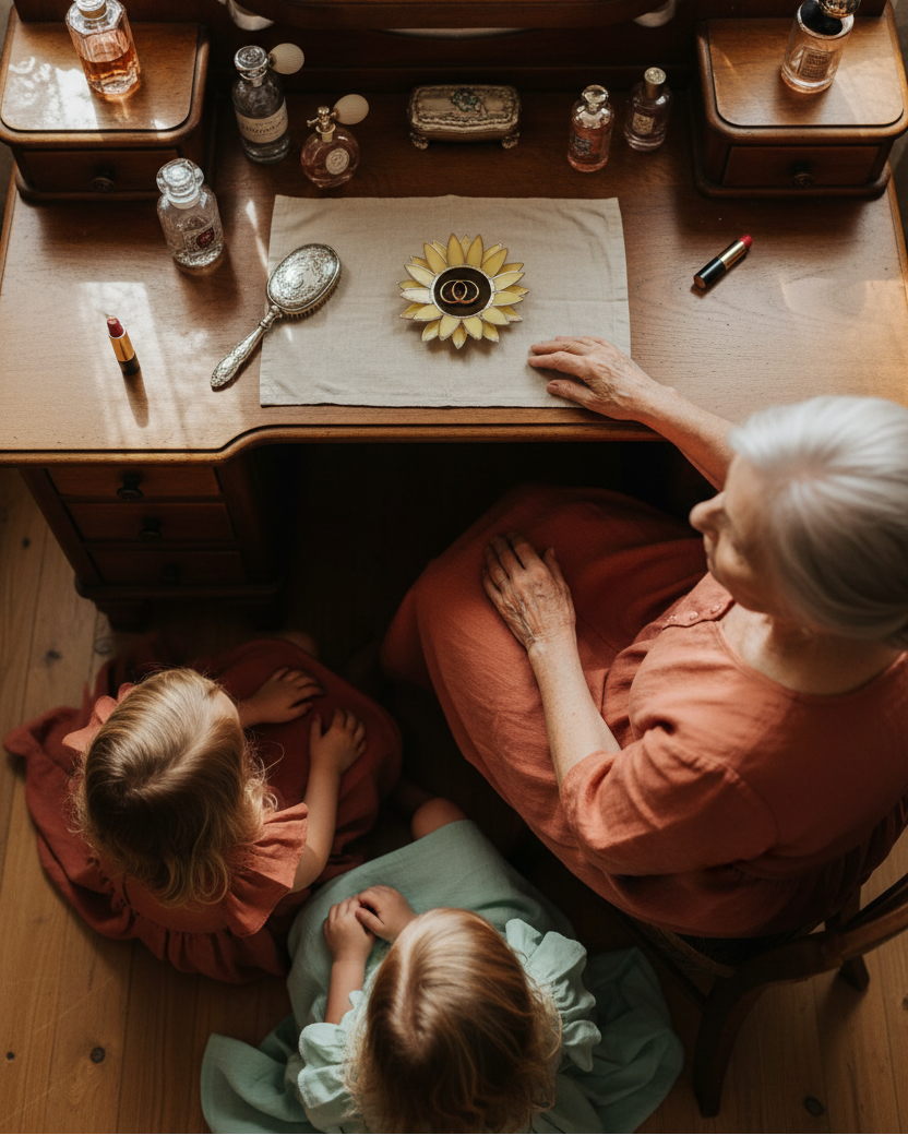 Woman and child sitting at a vanity table with various items including a sunflower ring dish
