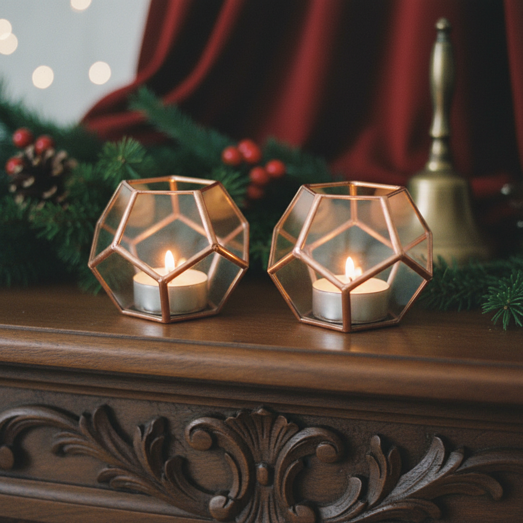 Tall copper geometric pair front view