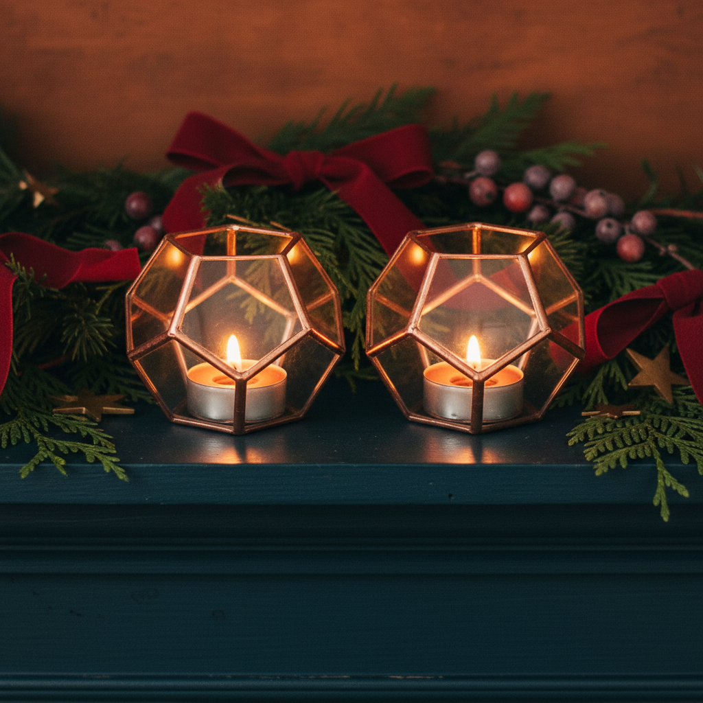 Tall geometric candle holder pair on teal mantel
