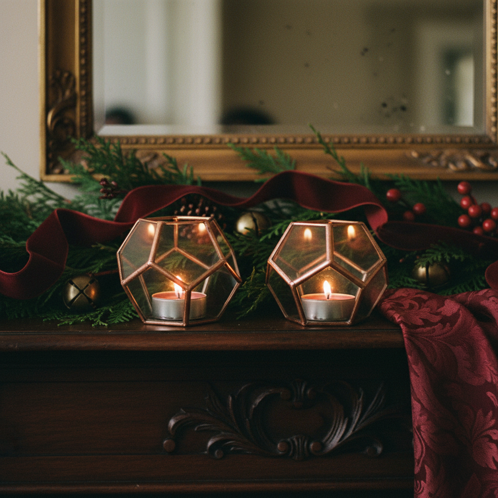 Tall geometric candle holder pair on walnut mantel