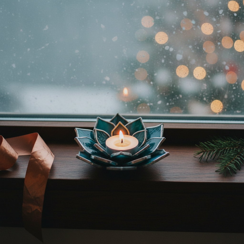 Teal Waves candle holder by winter window