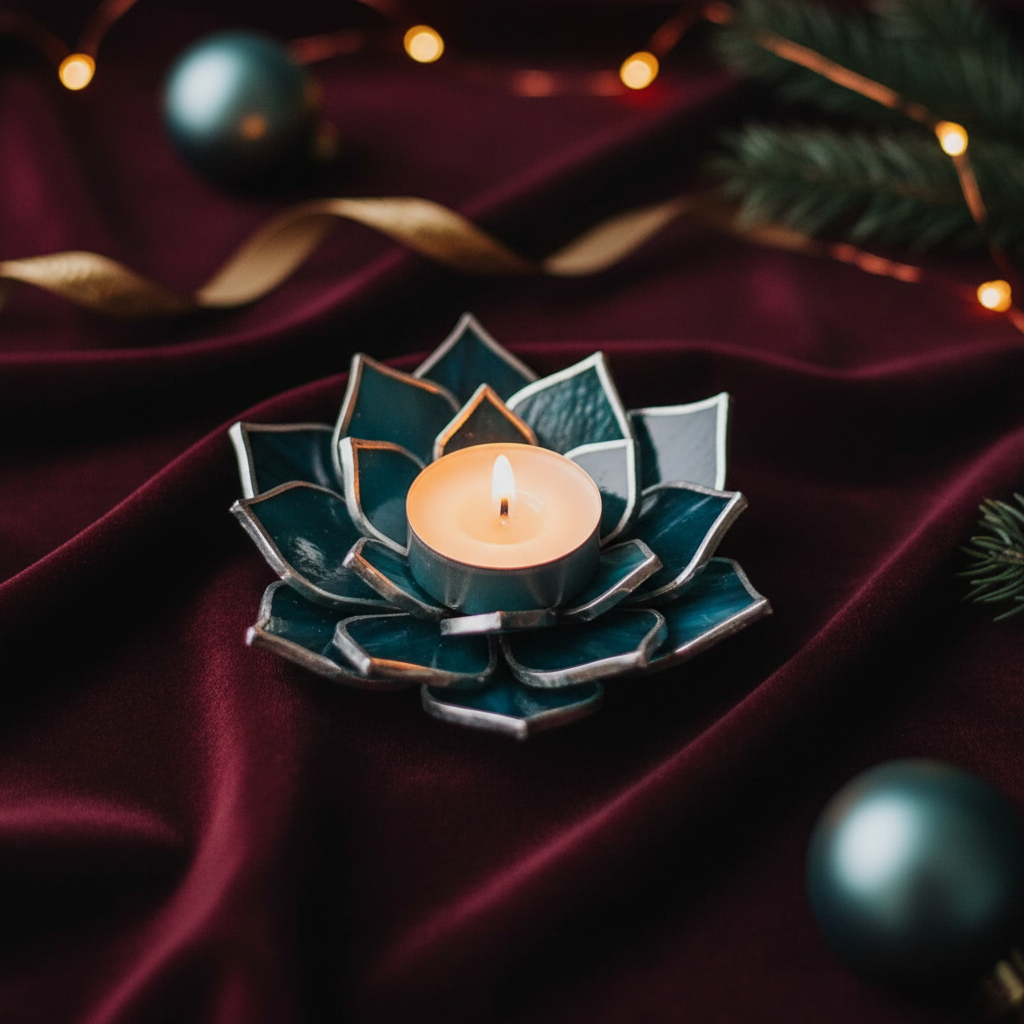 Teal Waves candle holder on burgundy velvet