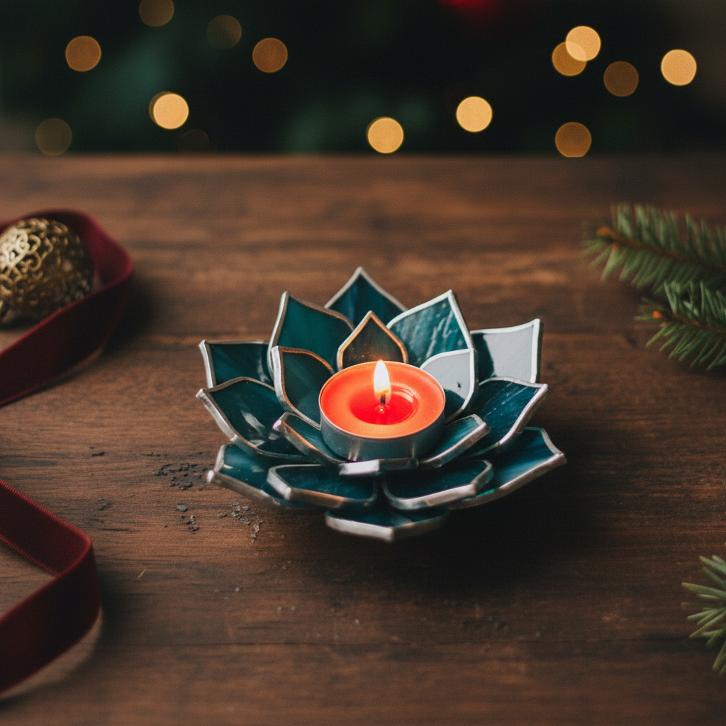 Teal Waves candle holder on walnut