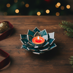 Teal Waves candle holder on walnut