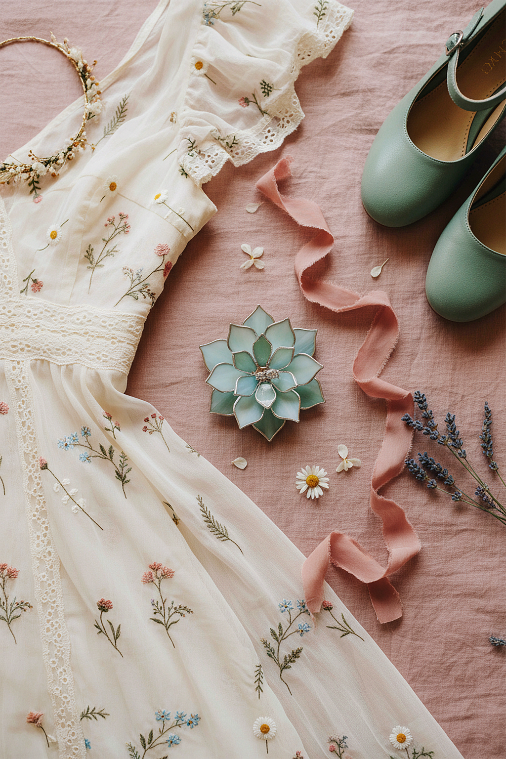 Handmade stained glass succulent ring dish in sage green and iridescent mint tones with silver edging, styled as a central jewelry holder on soft blush fabric; surrounded by embroidered floral dress, ribbon, lavender, and green bridal shoes, ideal for wedding flat lay photography, engagement ring display, bridal details, and romantic gift for her.