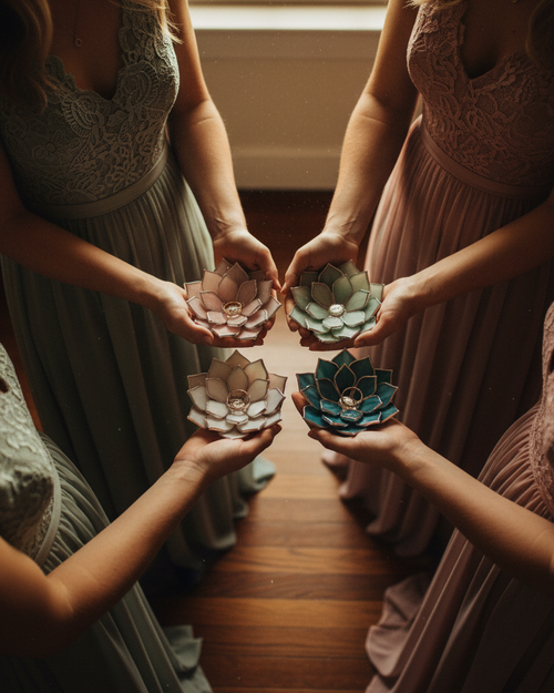 Three women in dresses holding glass lotus flowers in a circle.