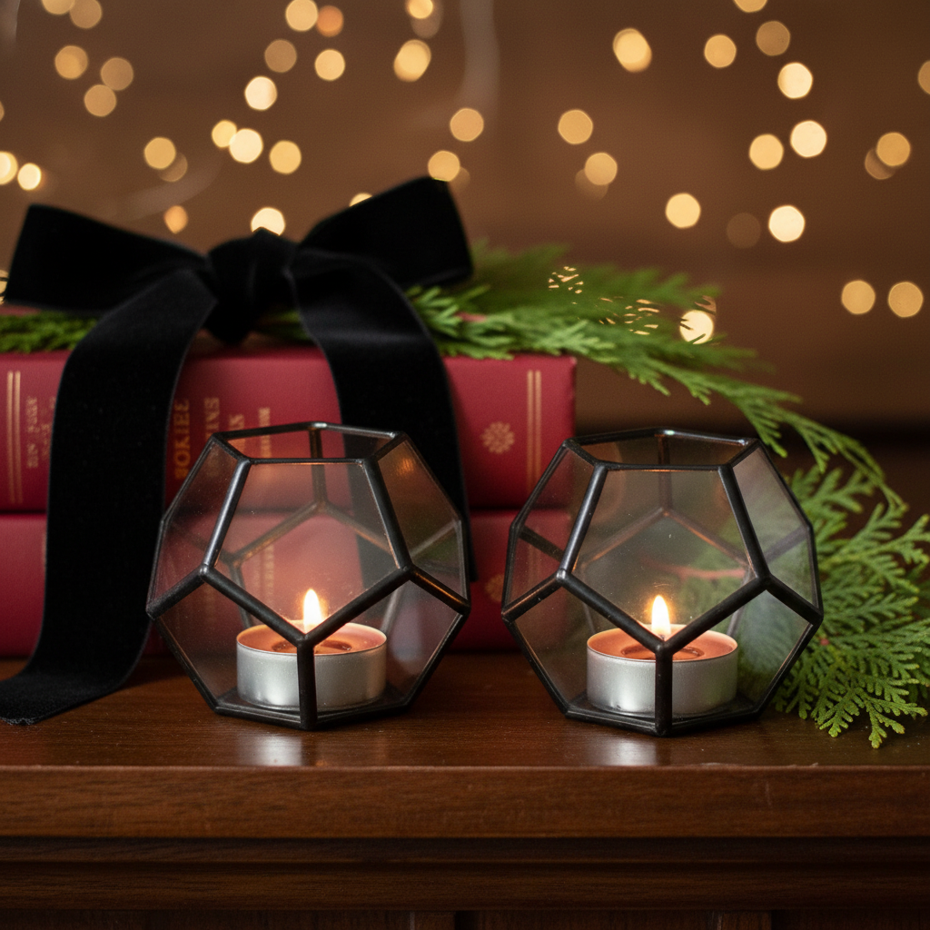 Two black pentagonal holders on library mantel