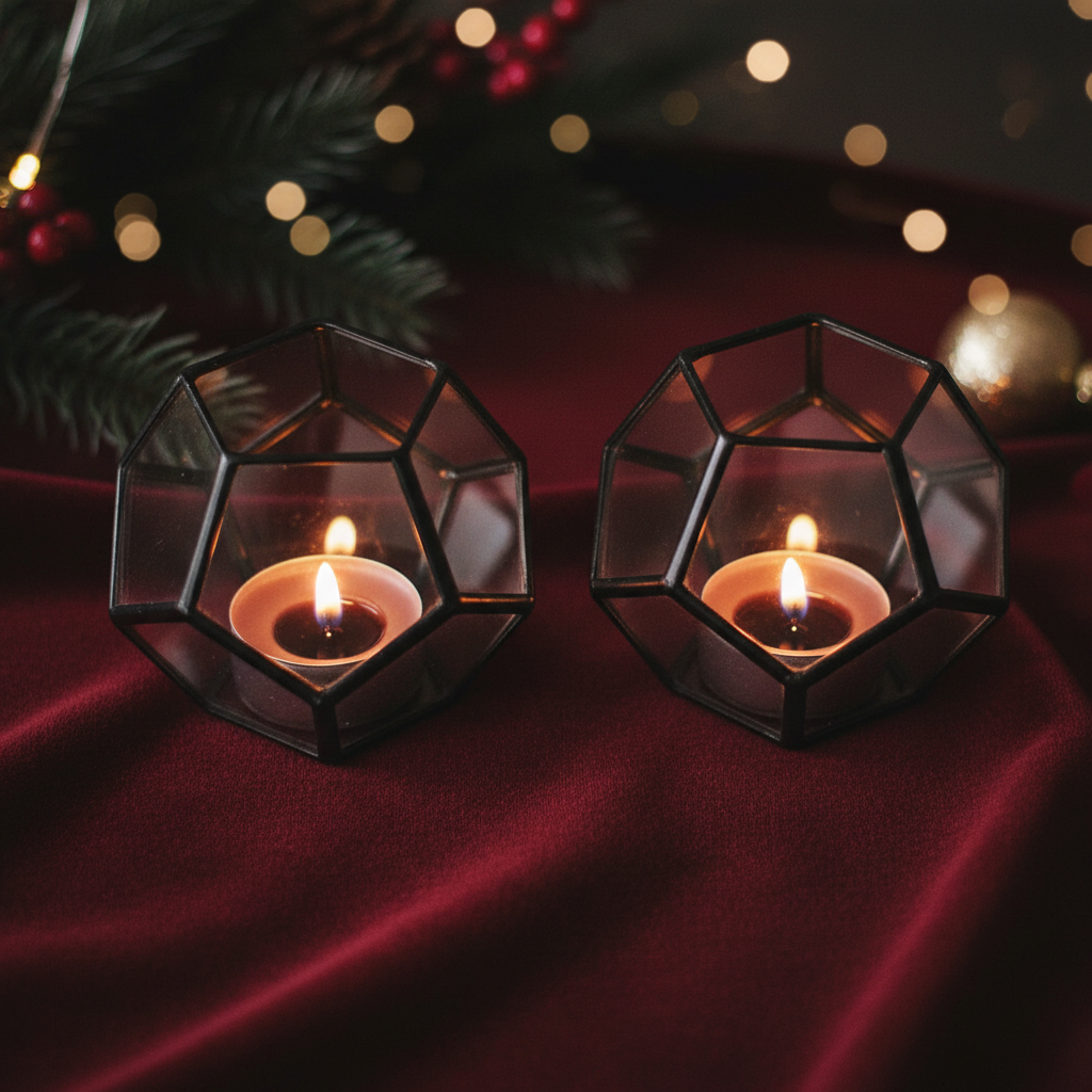 Two black pentagonal holders overhead