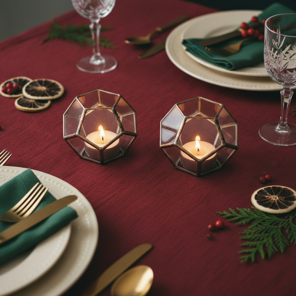 Two rustic copper Dodecahedron Candle Holders on dinner table