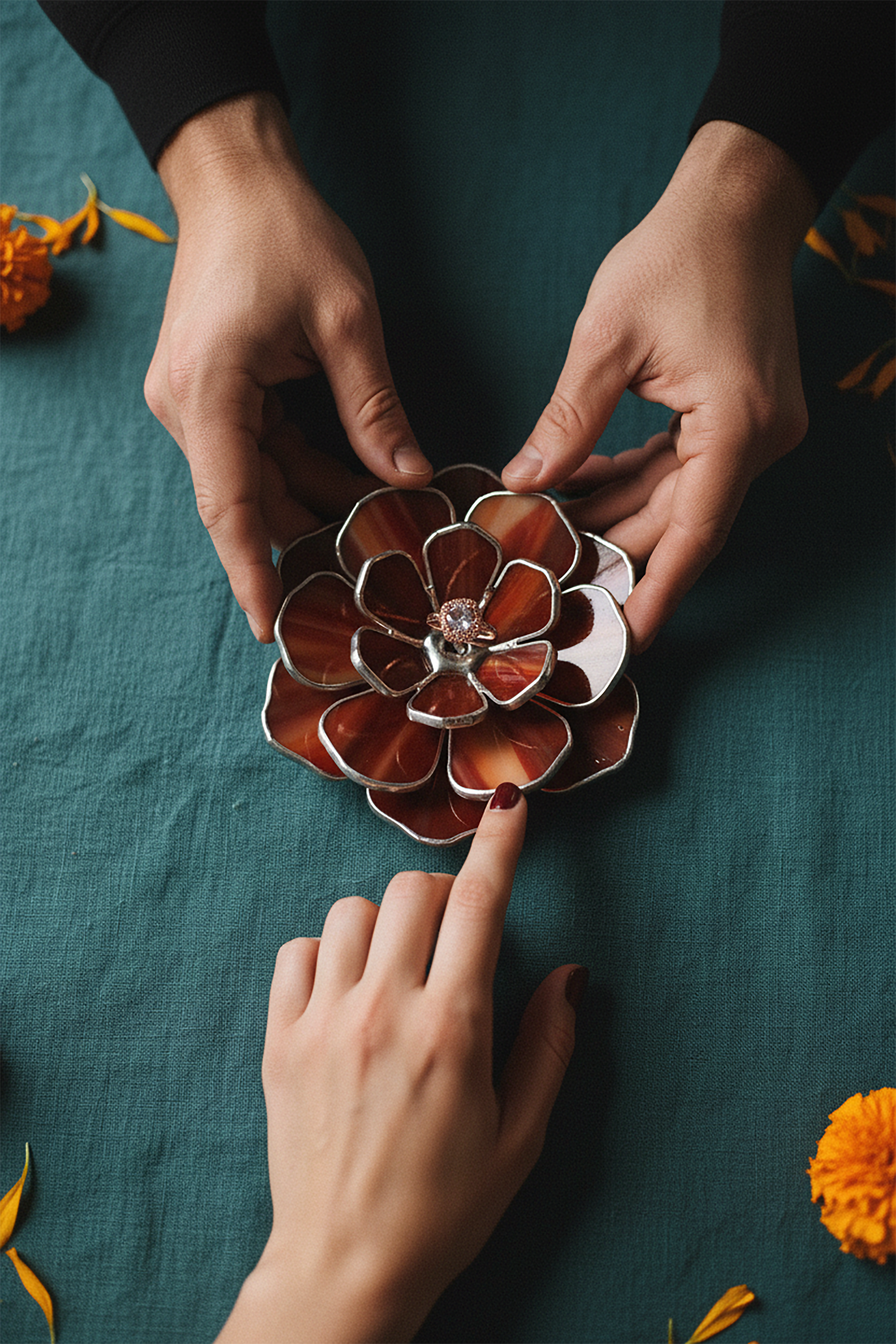 Person holding a decorative flower-shaped jewelry dish made of glass on a textured surface with marigold flowers.