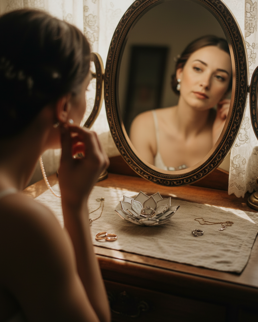 Woman adjusting earrings in front of a vintage mirror on a vanity table.