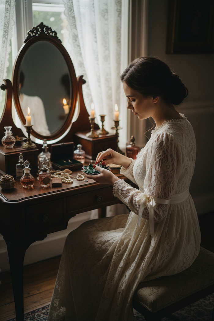 Woman in a white dress holding a flower shaped glass ring dish and sitting at a vanity table with candles and a mirror.