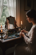 Woman in a vintage setting with candles and a mirror, possibly in a historical or period drama scene.