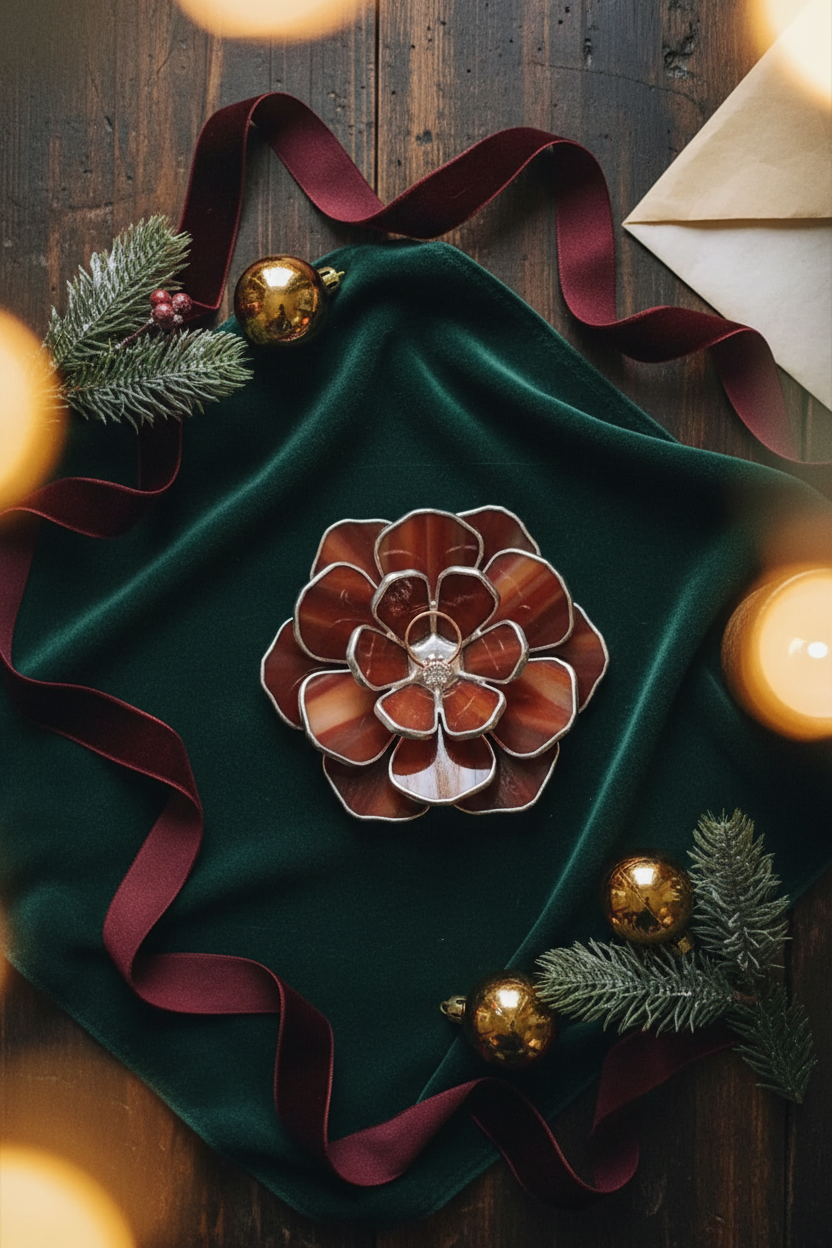 Vintage Christmas flower ring holder flatlay