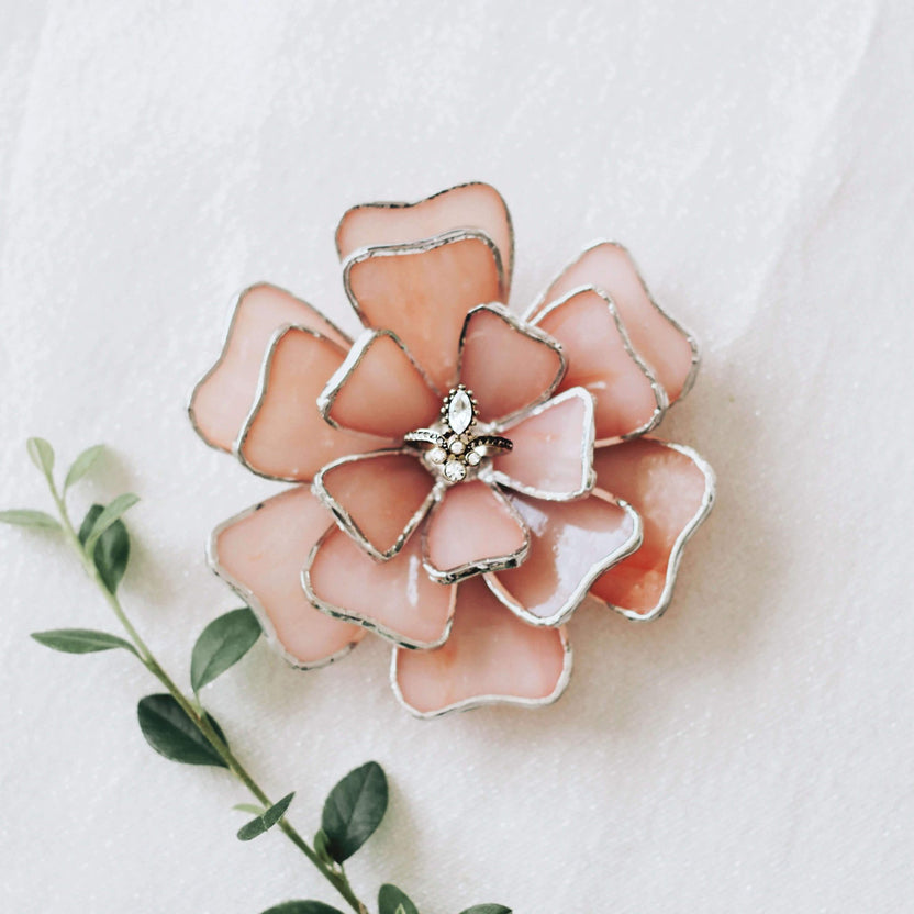 Dusty rose stained glass flower wedding ring holder, a handmade bridal keepsake and ring bearer dish