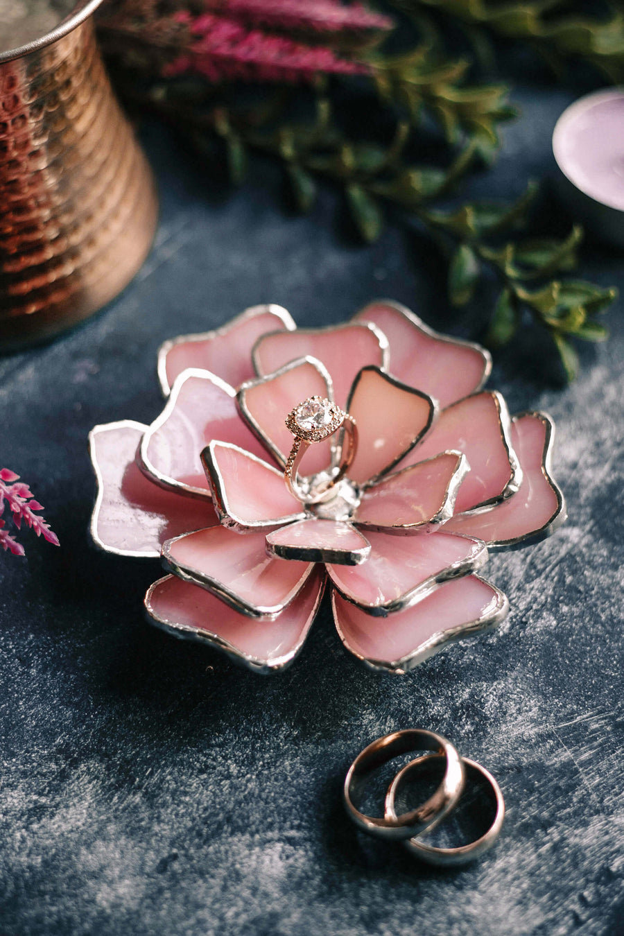pink flower wedding ring dish