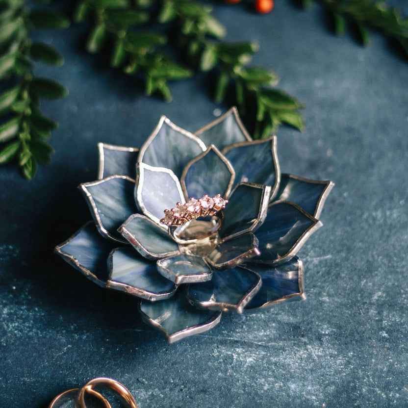 Blue stained glass succulent wedding ring dish, a unique handmade bridal keepsake